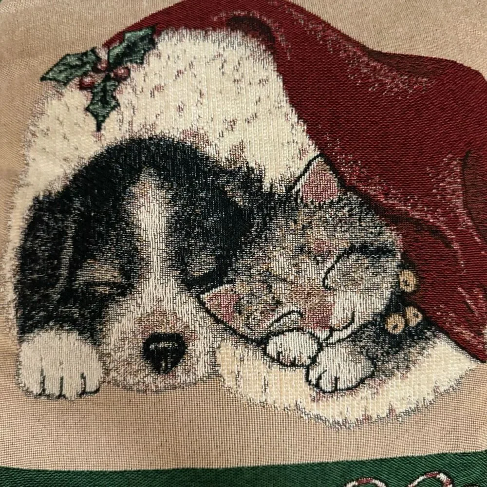 Newport vintage Tapestry Christmas Pillow - Puppy Kitten Santa Hat 16